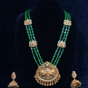 Green Beads Lakshmi Designer Pendant Long Necklace Set