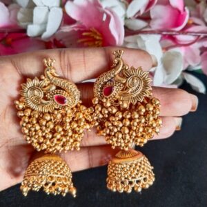 Elegant Golden Beads Peacock Designer Jumki